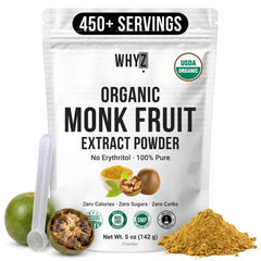 WHYZ front packaging showing 5 oz tin and organic monk fruit branding for long-lasting sweetness