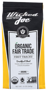 WICKED JOE front packaging 12 oz bag showing blend and certification benefits