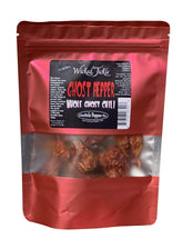 Wicked Tickle resealable bag showing 12 whole ghost pepper pods and freshness