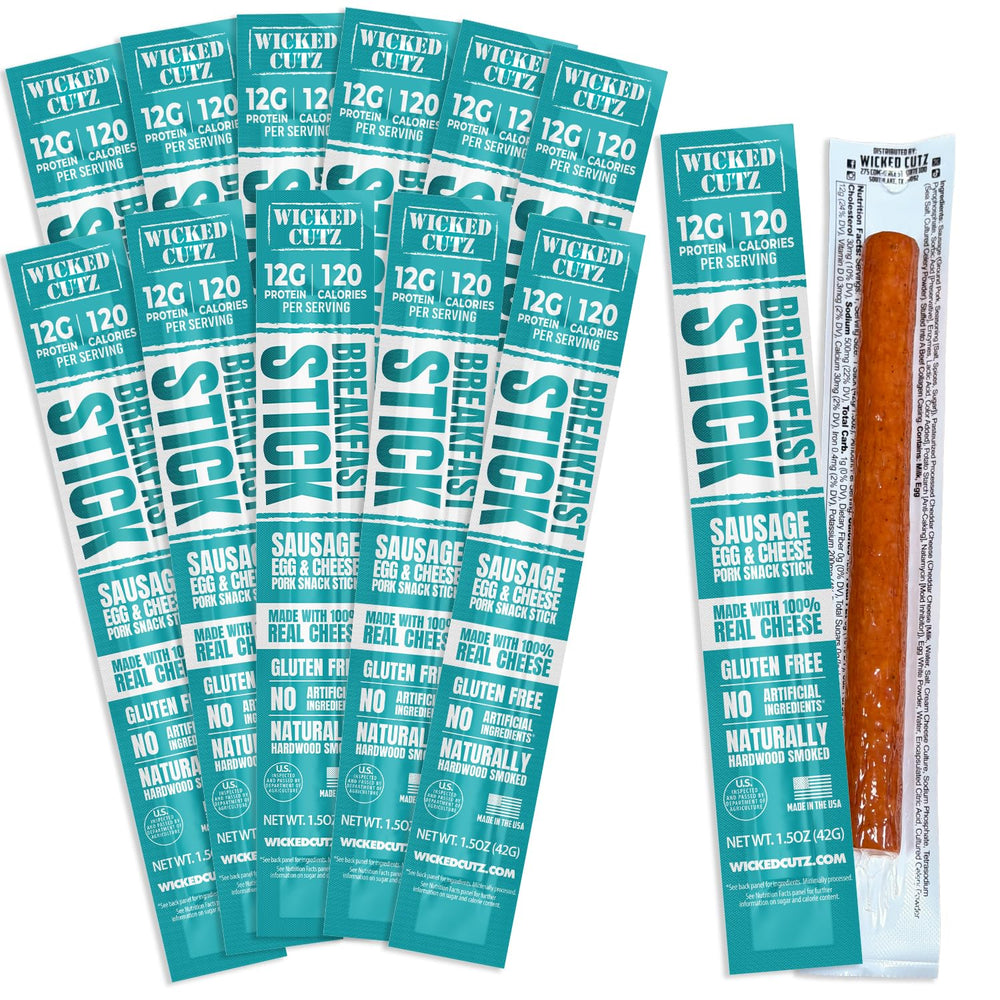 Wicked Cutz front packaging showing 12 meat sticks and nutrition benefits