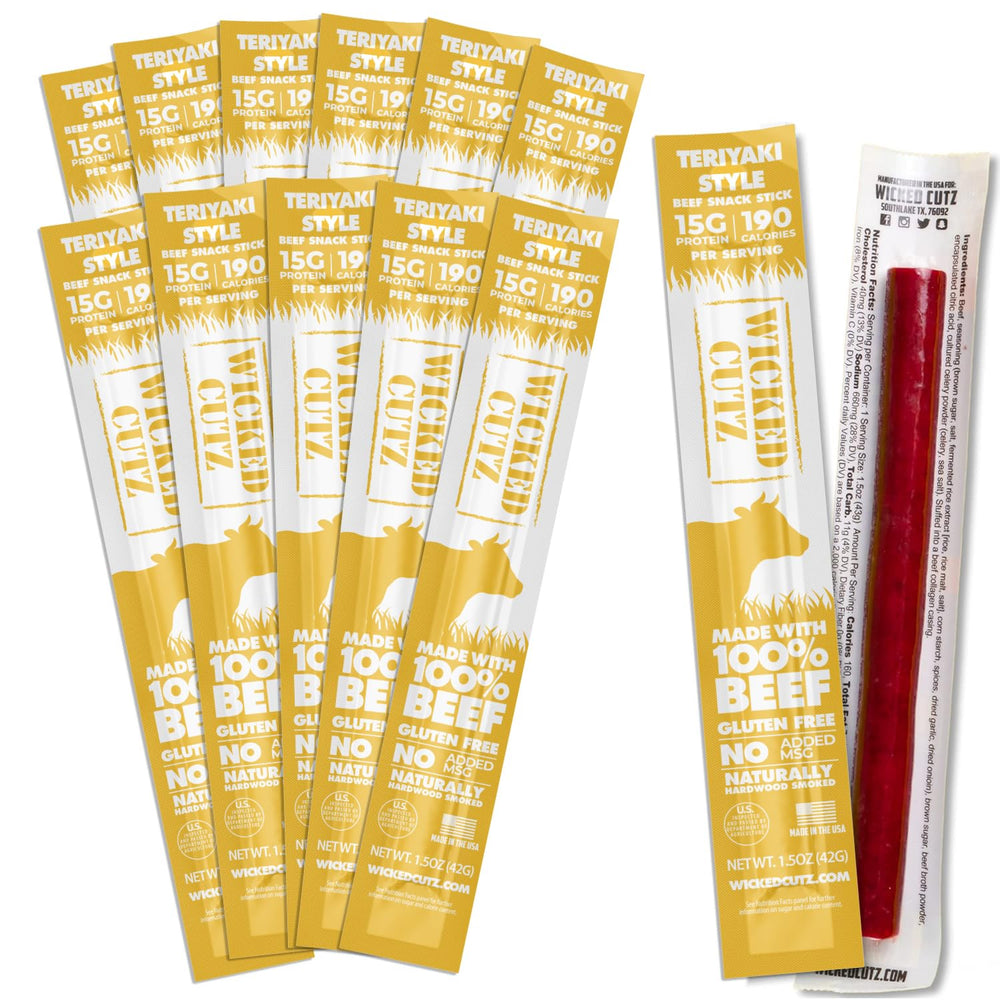 Wicked Cutz front packaging showing teriyaki beef sticks and nutrition benefits