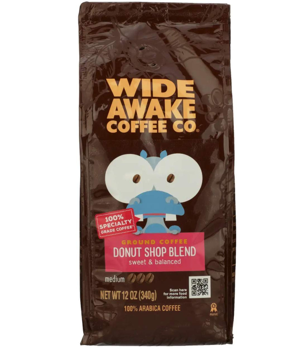 Wide Awake Coffee front packaging showing 12 oz bag and clear branding, convenient storage