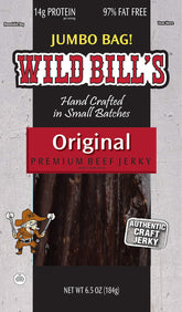 Wild Bill's front packaging resealable bag showing brand and hickory flavor, convenient portability