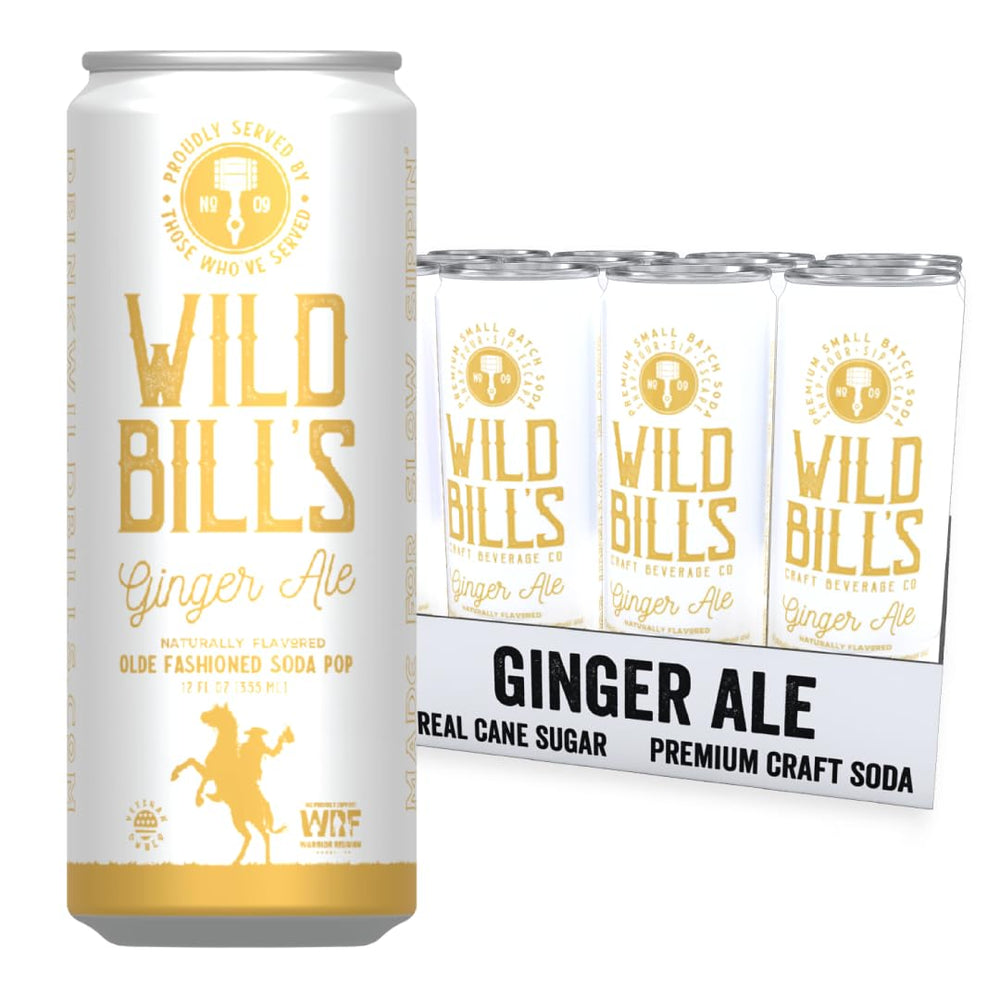 Wild Bill's ginger ale front pack showing label and vibrant can, highlighting bold flavor