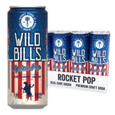 Wild Bill's front packaging showing colorful rocket pop cans and branding, eye-catching shelf appeal