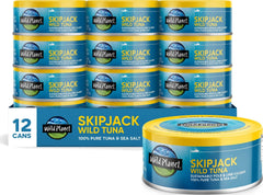 Wild Planet front packaging showing 12-pack of 5 oz cans and sustainable branding benefit