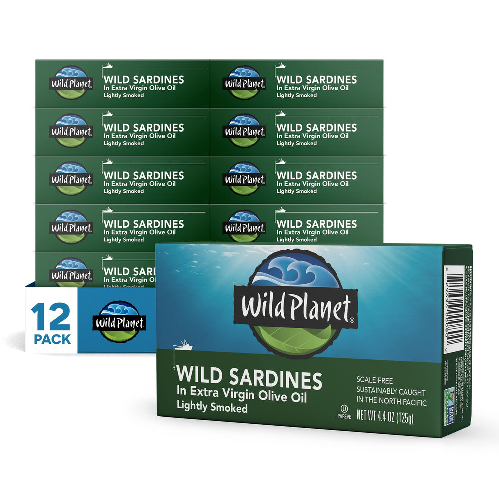 Wild Planet front packaging showing lightly smoked sardines in olive oil and product label benefit