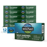 Wild Planet front packaging showing lightly smoked sardines in olive oil and product label benefit