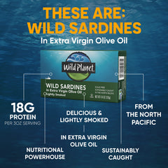 Wild Planet open can top view with sardines in extra virgin olive oil for ready-to-eat convenience