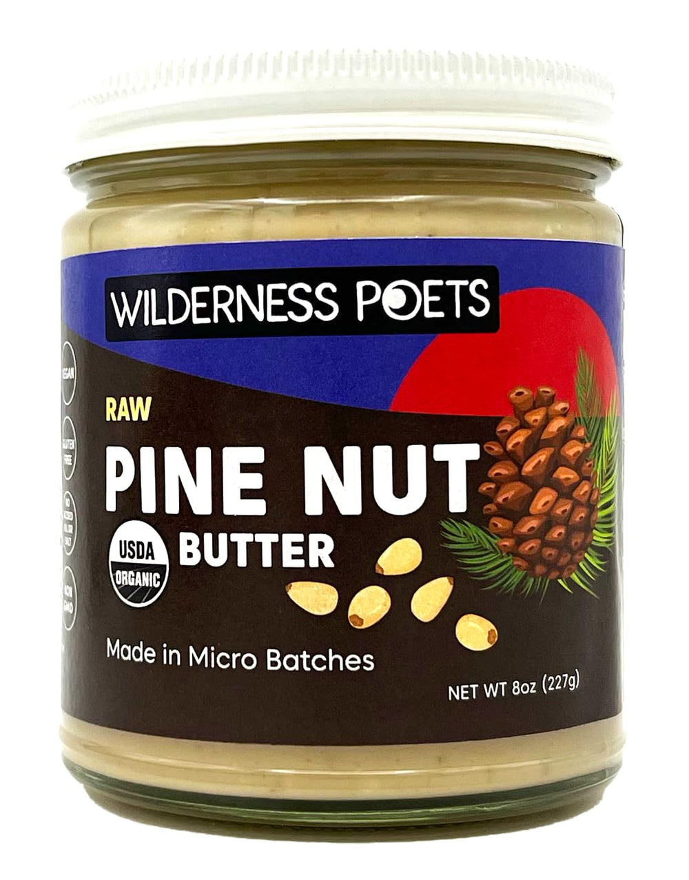 Wilderness Poets front label on 8oz glass jar showing premium packaging and purity