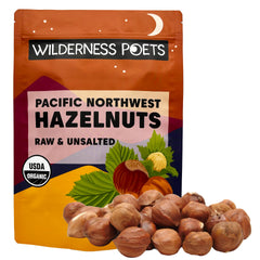 Wilderness Poets front packaging showing 2 lb organic raw hazelnuts and clear bag benefit