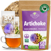 WILDFIELD HERBS boxed front view showing 50 tea bags and branding, clear storage benefit