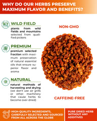 WILDFIELD HERBS brewed tea in glass cup, warm infusion and vibrant color