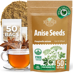 WILDFIELD HERBS front box packaging showing 50 anise tea bags, convenient supply