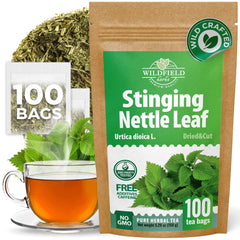 WILDFIELD HERBS front boxed packaging showing 100 tea bags and freshness