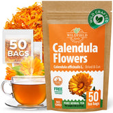 WILDFIELD HERBS front box showing 50 calendula tea bags and benefits of convenience