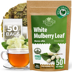 WILDFIELD HERBS front box showing 50 tea bags and clear labeling for convenience