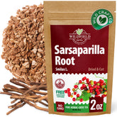 WILDFIELD HERBS boxed sarsaparilla root showing fresh sealed packaging benefit freshness