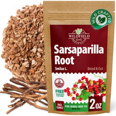 WILDFIELD HERBS boxed sarsaparilla root showing fresh sealed packaging benefit freshness