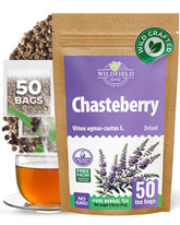 WILDFIELD HERBS front packaging showing sealed box and 50 tea bags for freshness