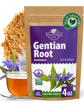 WILDFIELD HERBS front packaging showing 4 oz gentian root - clear product labeling and freshness