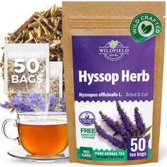 WILDFIELD HERBS front packaging showing 50 hyssop tea bags and brand