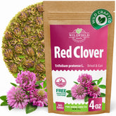 WILDFIELD HERBS front packaging showing 4 oz red clover tea for fresh storage benefit