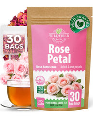 WILDFIELD HERBS front box view showing 30 sealed rose petal bags and brand