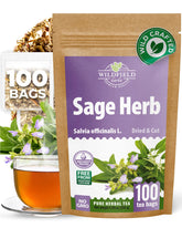 WILDFIELD HERBS box front showing 100 tea bags and branding benefit freshness