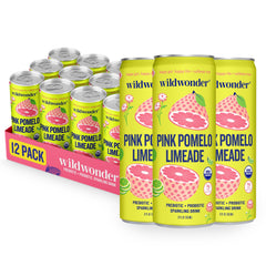 Wildwonder front packaging of pink pomelo limeade showing can design and freshness