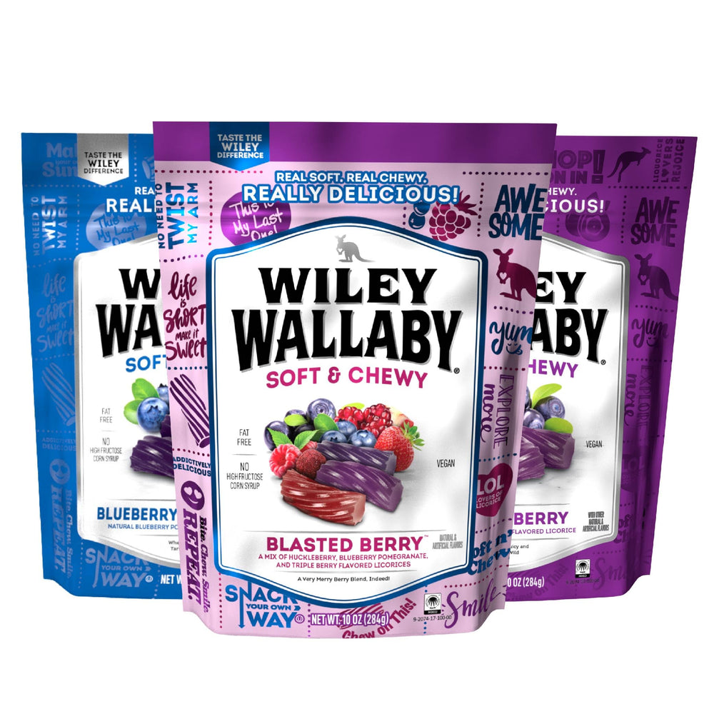 WILEY WALLABY front packaging showing three 10oz resealable berry bags and variety benefit
