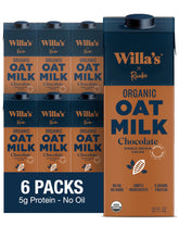 Willa's front packaging showing 32oz chocolate oat milk and benefits