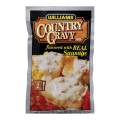 Williams sausage gravy mix packet front view showing brand and serving suggestion benefit