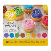 Wilton front packaging showing eight gel icing jars and vibrant color selection benefits precise decorating
