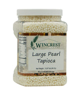 WinCrest Bulk Foods front tub label showing 3 lb tapioca pearls and clear packaging benefit