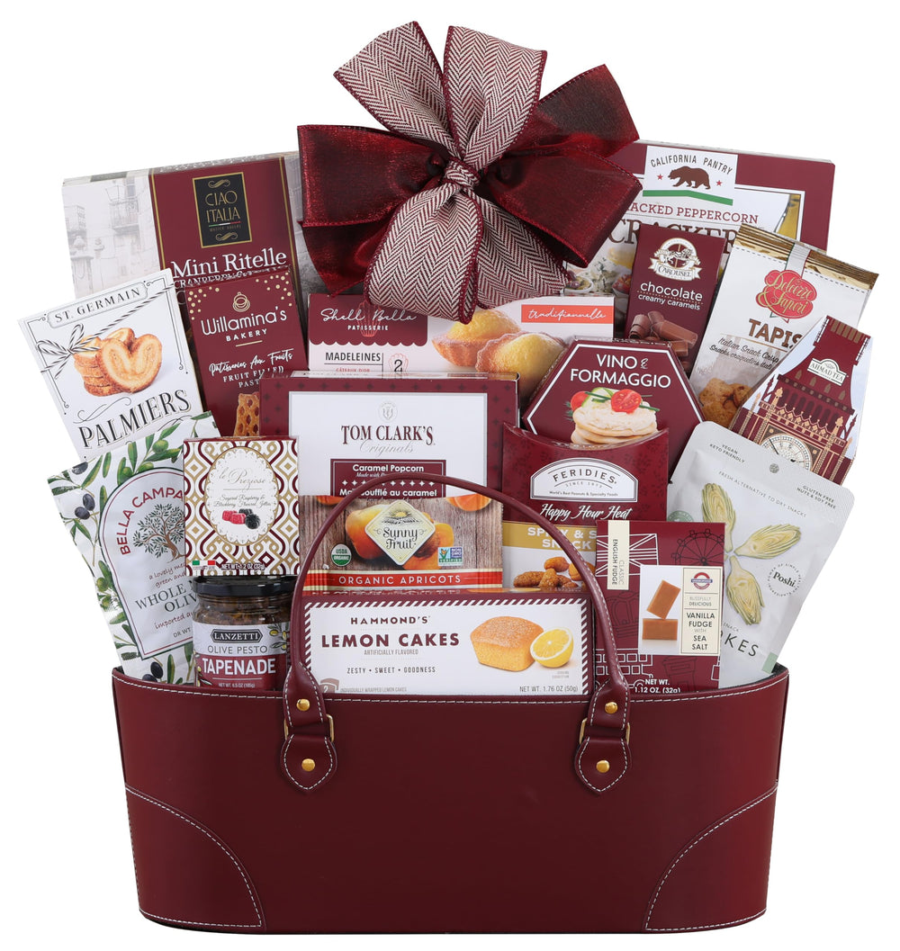 Wine Country Gift Baskets front packaging with assorted treats, elegant gift presentation