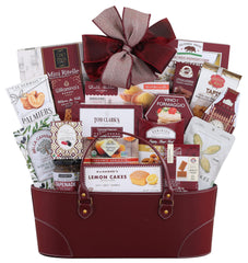 Wine Country Gift Baskets front packaging with assorted treats, elegant gift presentation