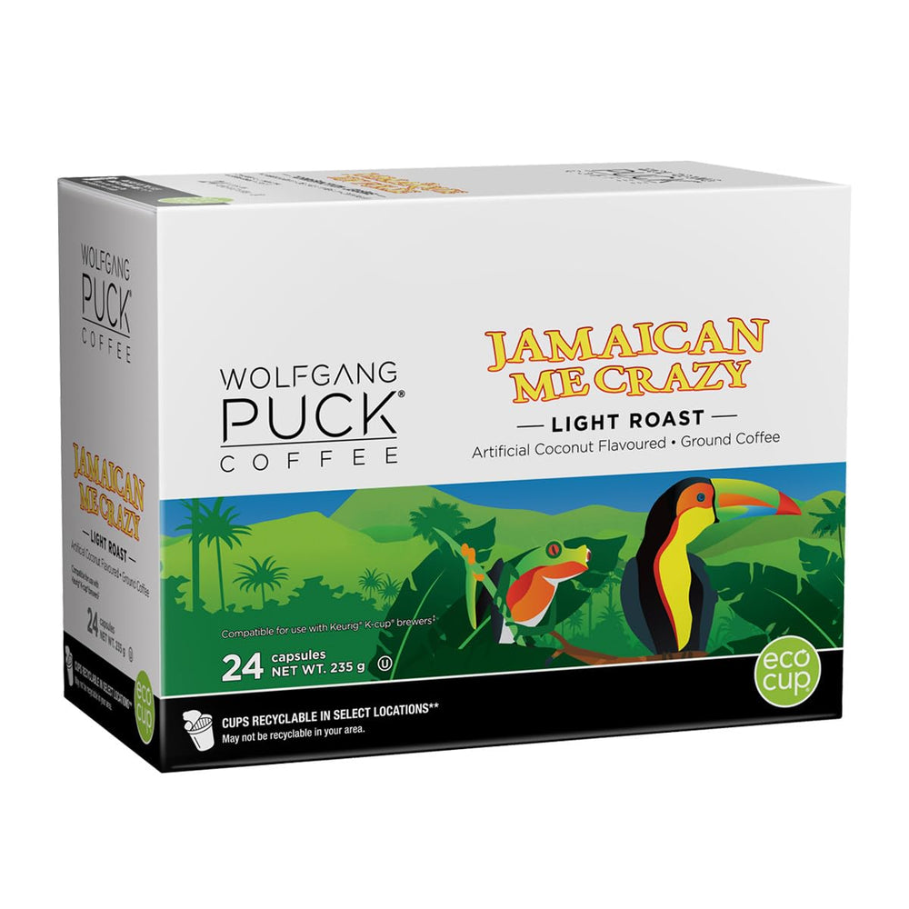 Wolfgang Puck front box of Jamaican Me Crazy 24-count K-Cups showing packaging and island design for convenient brewing