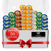 Wolgo front packaging showing five-flavor variety and 50-count convenience