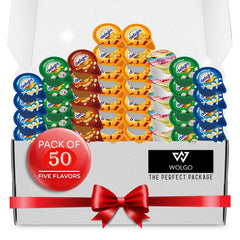 Wolgo front packaging showing five-flavor variety and 50-count convenience