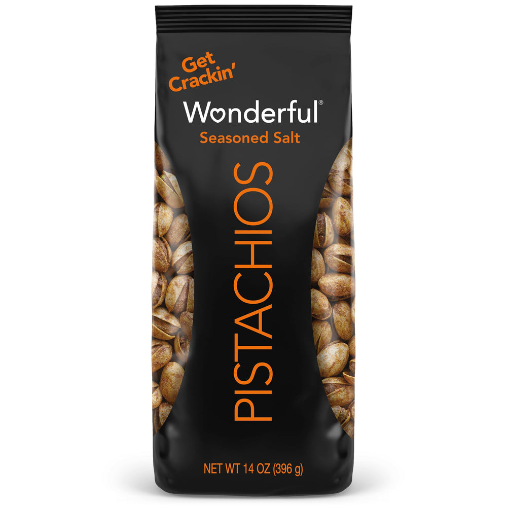 Wonderful Pistachios front packaging showing resealable 14-ounce bag and seasoned salt flavor benefit