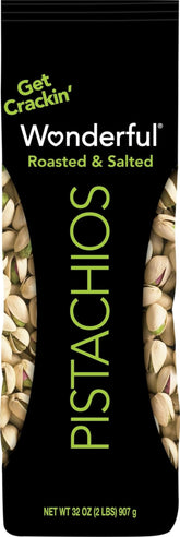 Wonderful Pistachios front packaging showing 32 oz bag and benefits