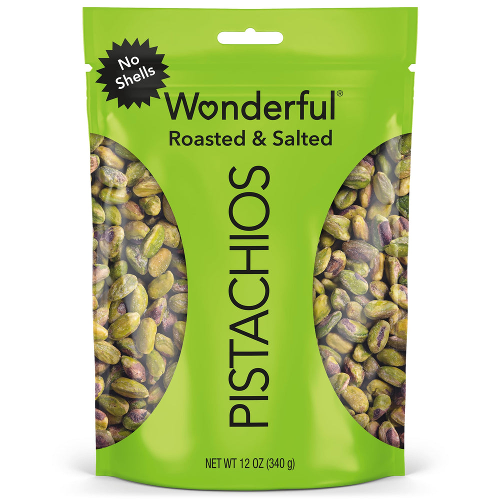Wonderful Pistachios front packaging showing resealable 12 oz bag and branding benefits