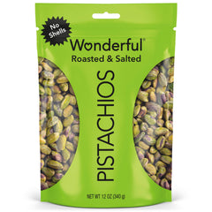 Wonderful Pistachios front packaging showing resealable 12 oz bag and branding benefits