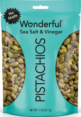 Wonderful Pistachios front packaging showing resealable 11 oz bag and sea salt vinegar flavor, convenient