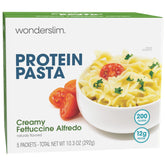 WonderSlim front packaging showing five single-serve Creamy Fettuccine Alfredo pouches and benefits