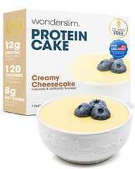 WonderSlim front packaging showing seven creamy cheesecake single-serve packets and product benefits