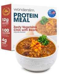 WonderSlim front packaging showing seven-serving chili, convenient meal solution
