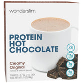 WonderSlim front packaging showing 7 chocolate protein hot chocolate packets and benefits