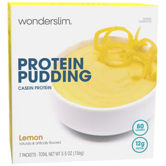 WonderSlim front packaging showing lemon pudding mix and clear serving benefits